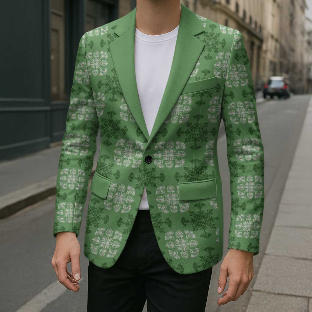 Green Hawaiian Quilt Blazer Hawaii Pineapple Monstera Palaka Motifs LT14 - Polynesian Pride
