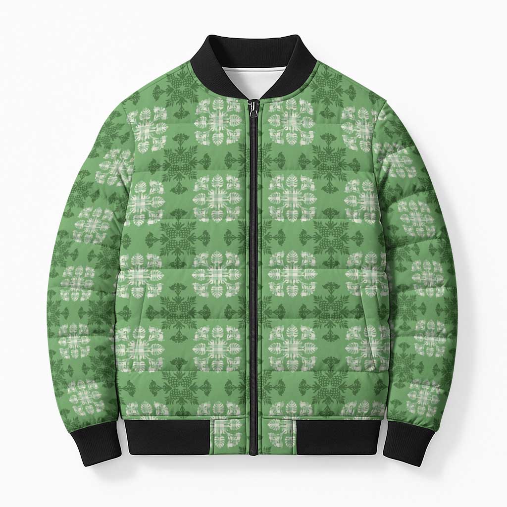 Green Hawaiian Quilt Bomber Puffer Jacket Hawaii Pineapple Monstera Palaka Motifs - Polynesian Pride
