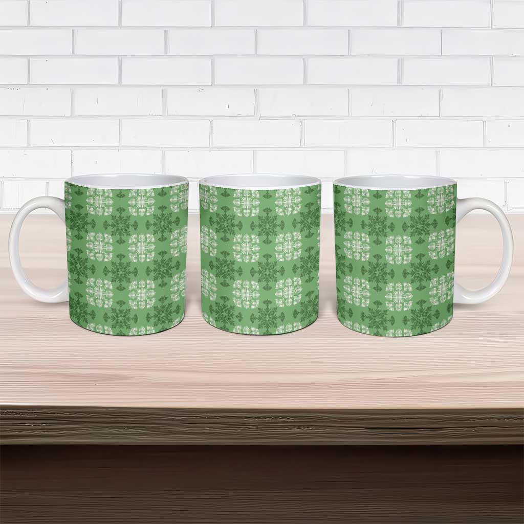 Green Hawaiian Quilt Ceramic Mug Hawaii Pineapple Monstera Palaka Motifs - Polynesian Pride
