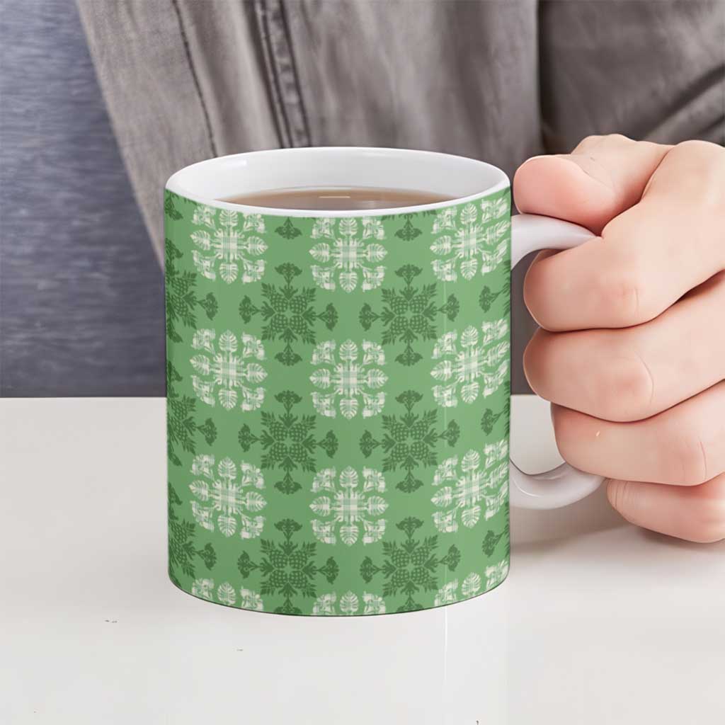 Green Hawaiian Quilt Ceramic Mug Hawaii Pineapple Monstera Palaka Motifs - Polynesian Pride