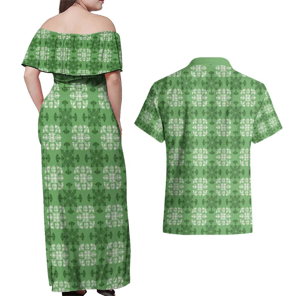 Green Hawaiian Quilt Couples Matching Off Shoulder Maxi Dress and Hawaiian Shirt Hawaii Pineapple Monstera Palaka Motifs - Polynesian Pride