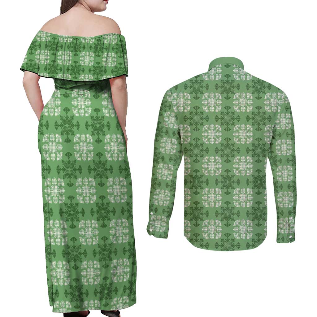 Green Hawaiian Quilt Couples Matching Off Shoulder Maxi Dress and Long Sleeve Button Shirt Hawaii Pineapple Monstera Palaka Motifs - Polynesian Pride