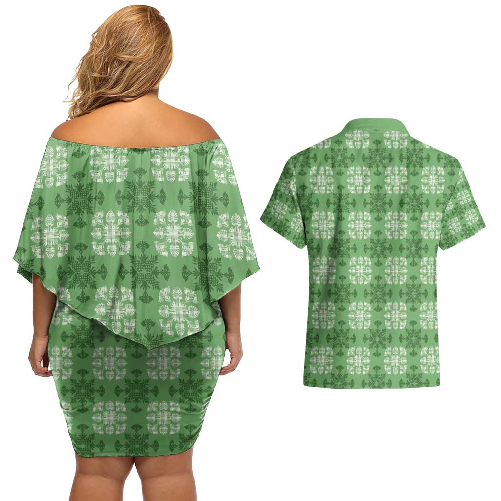 Green Hawaiian Quilt Couples Matching Off Shoulder Short Dress and Hawaiian Shirt Hawaii Pineapple Monstera Palaka Motifs - Polynesian Pride
