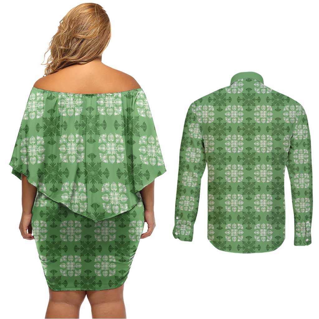 Green Hawaiian Quilt Couples Matching Off Shoulder Short Dress and Long Sleeve Button Shirt Hawaii Pineapple Monstera Palaka Motifs - Polynesian Pride
