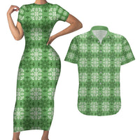 Green Hawaiian Quilt Couples Matching Short Sleeve Bodycon Dress and Hawaiian Shirt Hawaii Pineapple Monstera Palaka Motifs - Polynesian Pride