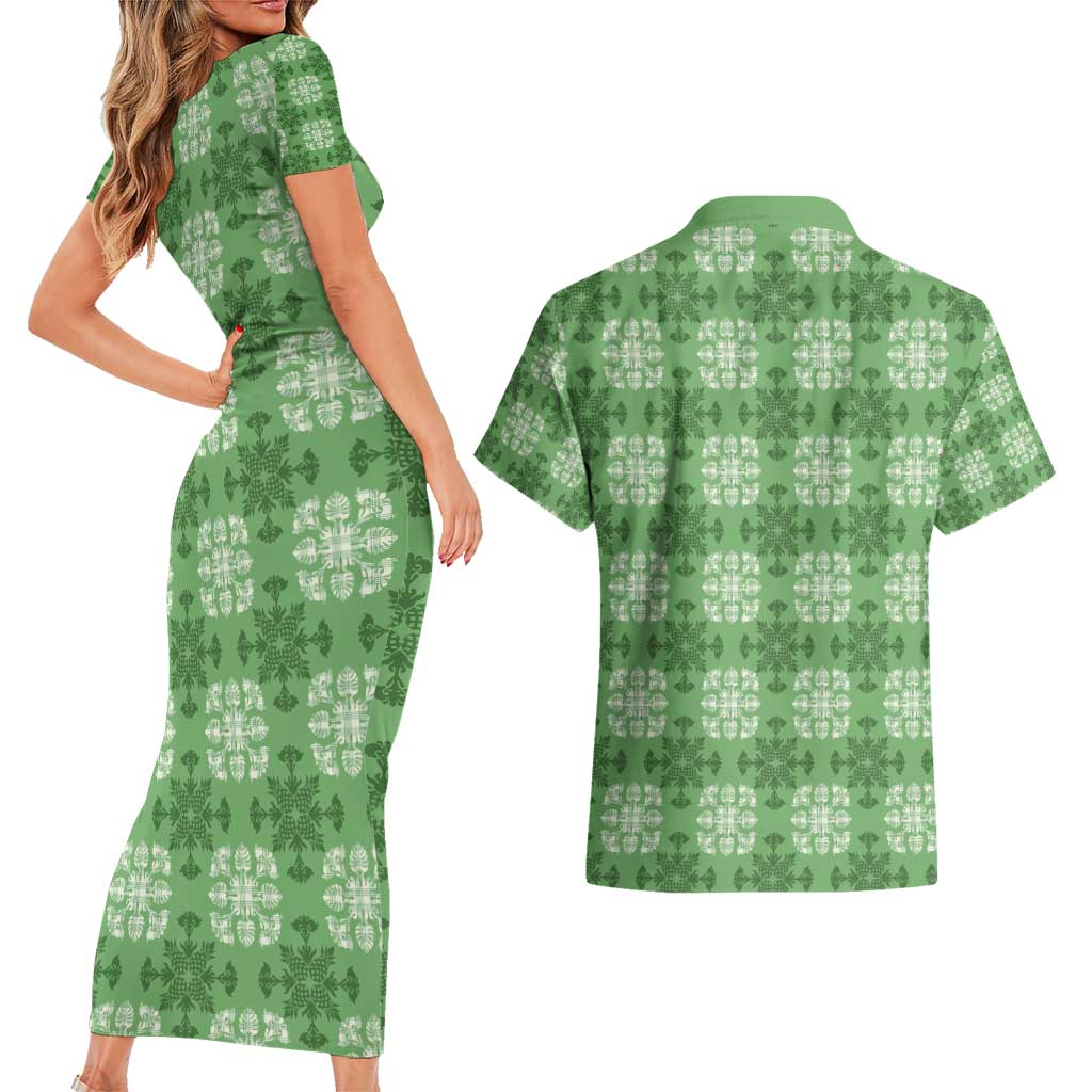 Green Hawaiian Quilt Couples Matching Short Sleeve Bodycon Dress and Hawaiian Shirt Hawaii Pineapple Monstera Palaka Motifs - Polynesian Pride
