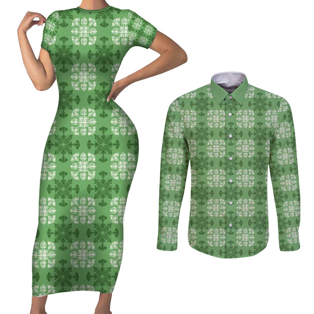 Green Hawaiian Quilt Couples Matching Short Sleeve Bodycon Dress and Long Sleeve Button Shirt Hawaii Pineapple Monstera Palaka Motifs - Polynesian Pride