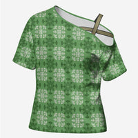 Green Hawaiian Quilt Cross Shoulder Shirt Hawaii Pineapple Monstera Palaka Motifs - Polynesian Pride