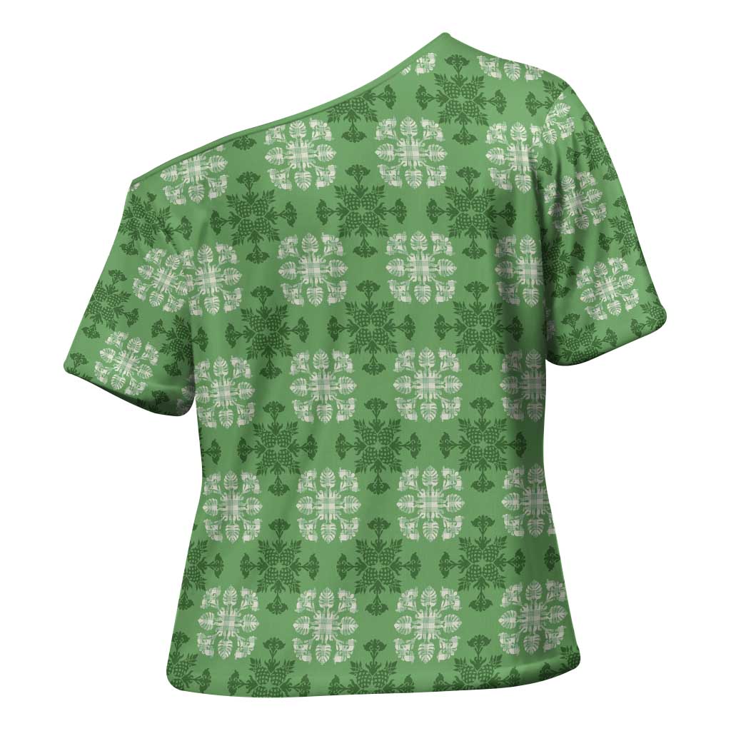Green Hawaiian Quilt Cross Shoulder Shirt Hawaii Pineapple Monstera Palaka Motifs - Polynesian Pride