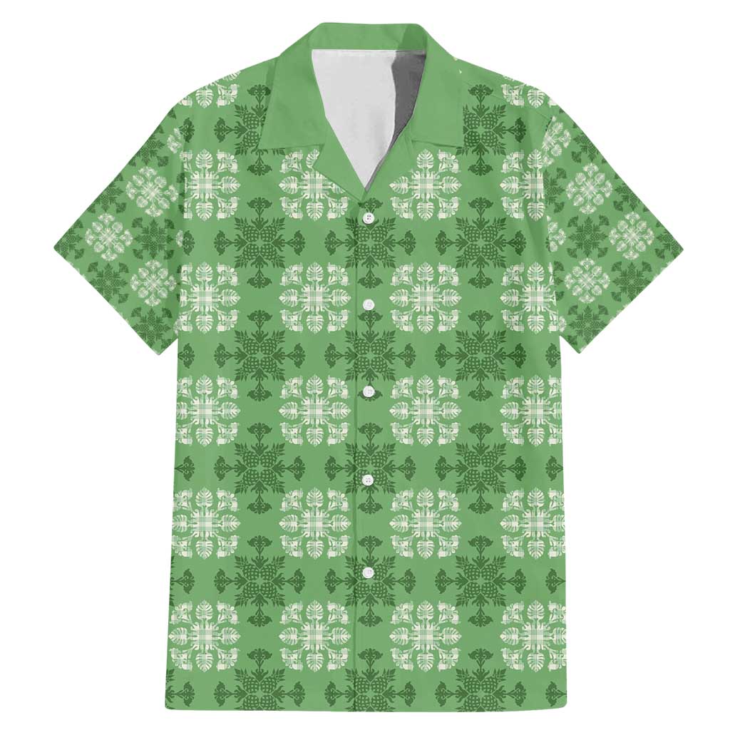 Green Hawaiian Quilt Family Matching Mermaid Dress and Hawaiian Shirt Hawaii Pineapple Monstera Palaka Motifs - Polynesian Pride