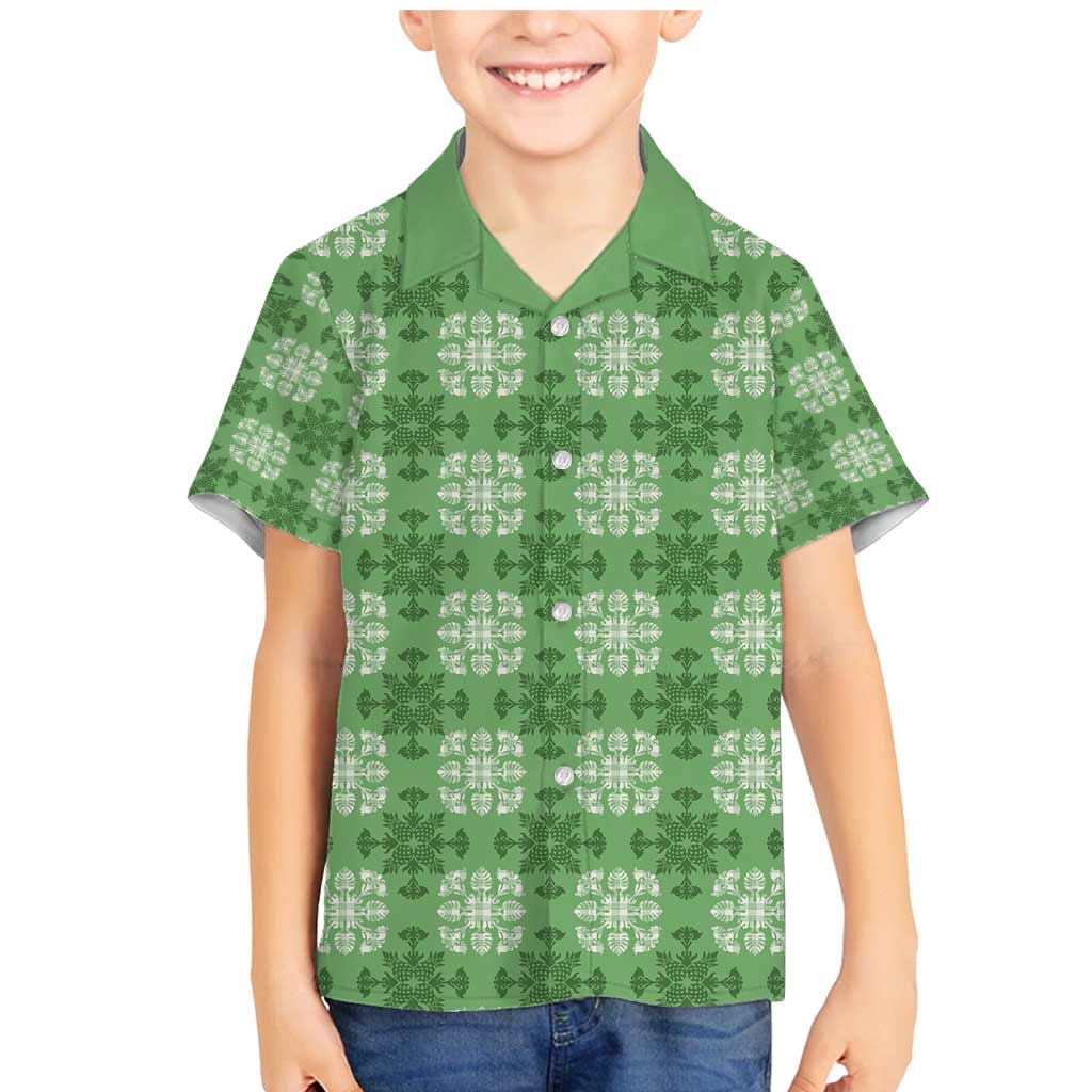 Green Hawaiian Quilt Family Matching Mermaid Dress and Hawaiian Shirt Hawaii Pineapple Monstera Palaka Motifs - Polynesian Pride