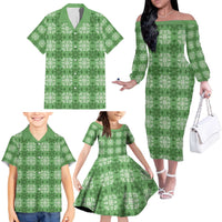 Green Hawaiian Quilt Family Matching Off The Shoulder Long Sleeve Dress and Hawaiian Shirt Hawaii Pineapple Monstera Palaka Motifs - Polynesian Pride