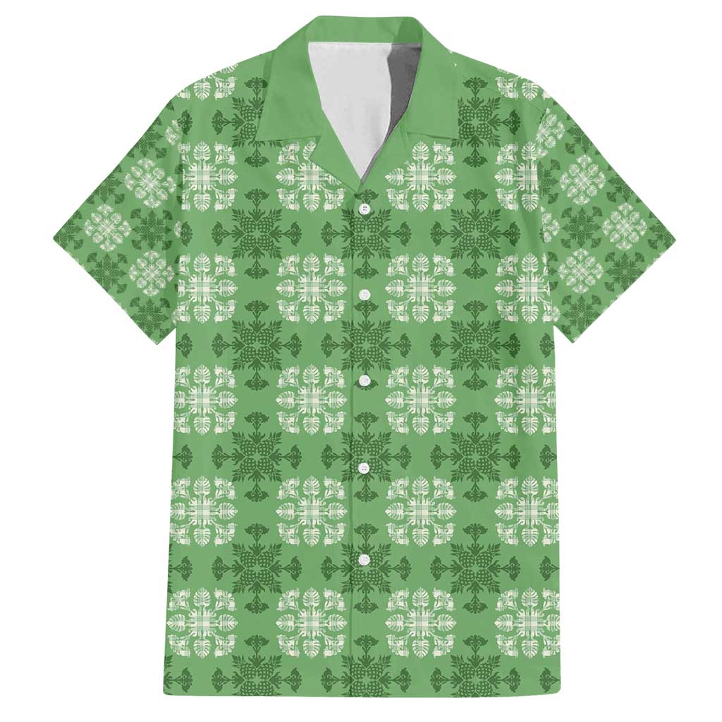 Green Hawaiian Quilt Family Matching Off Shoulder Short Dress and Hawaiian Shirt Hawaii Pineapple Monstera Palaka Motifs LT14 Dad's Shirt - Short Sleeve Green - Polynesian Pride