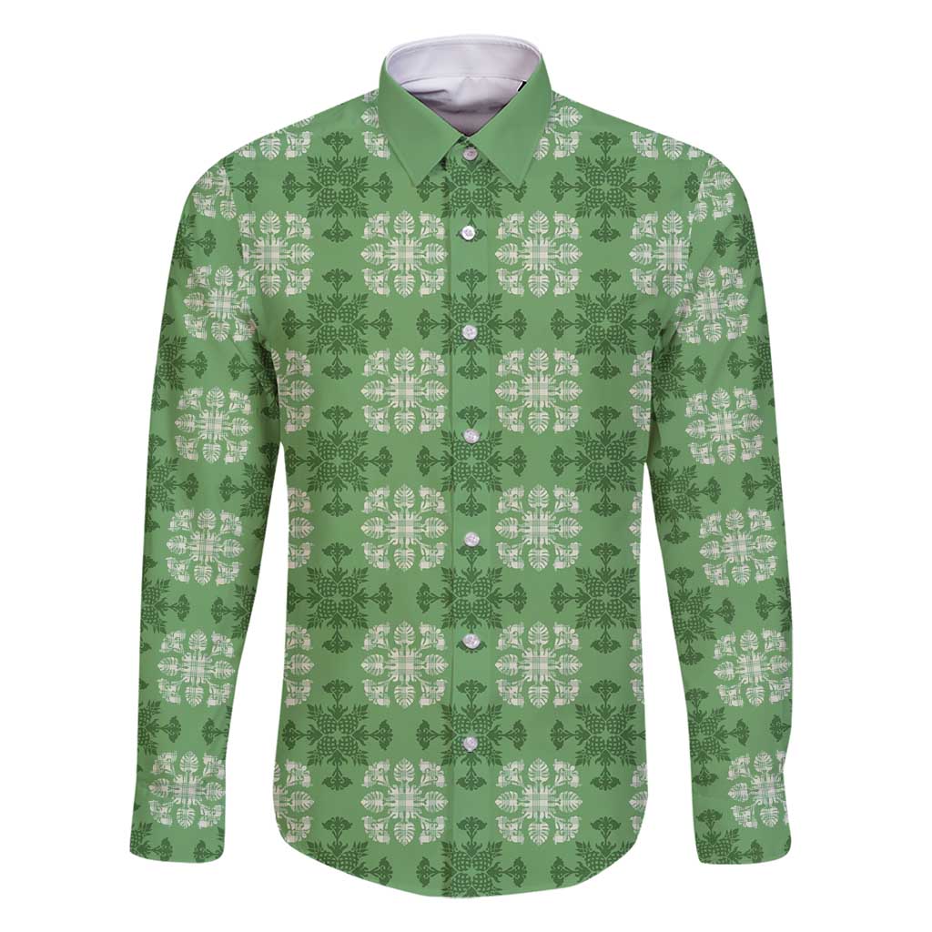 Green Hawaiian Quilt Family Matching Off Shoulder Short Dress and Hawaiian Shirt Hawaii Pineapple Monstera Palaka Motifs LT14 Dad's Shirt - Long Sleeve Green - Polynesian Pride