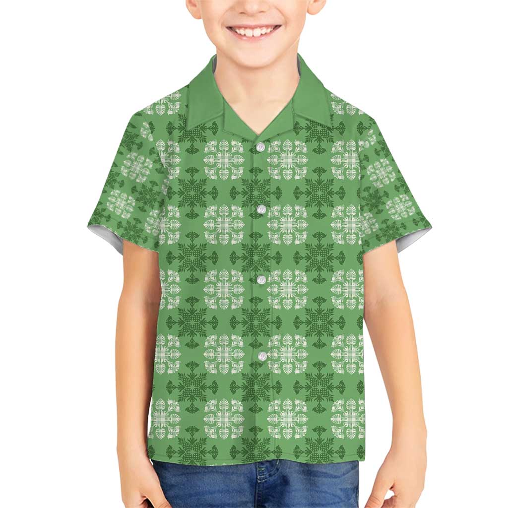 Green Hawaiian Quilt Family Matching Off Shoulder Short Dress and Hawaiian Shirt Hawaii Pineapple Monstera Palaka Motifs LT14 Son's Shirt Green - Polynesian Pride