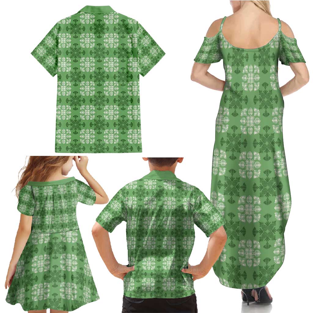 Green Hawaiian Quilt Family Matching Summer Maxi Dress and Hawaiian Shirt Hawaii Pineapple Monstera Palaka Motifs - Polynesian Pride