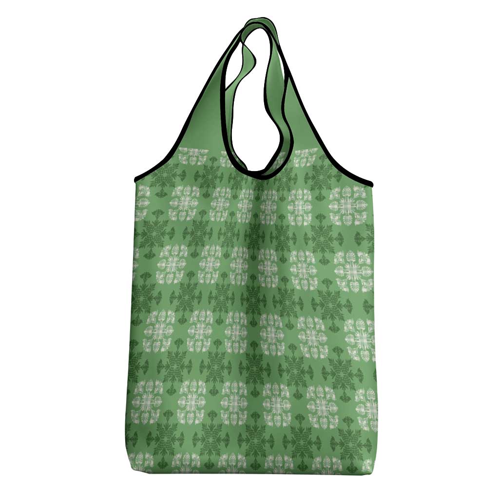 Green Hawaiian Quilt Grocery Bag Hawaii Pineapple Monstera Palaka Motifs - Polynesian Pride