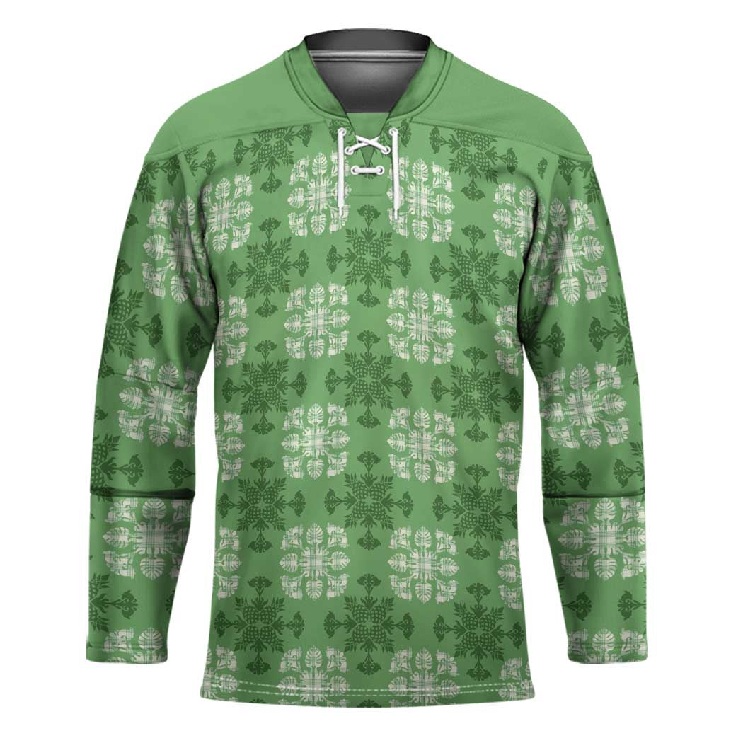 Green Hawaiian Quilt Hockey Jersey Hawaii Pineapple Monstera Palaka Motifs LT14 Unisex Green - Polynesian Pride