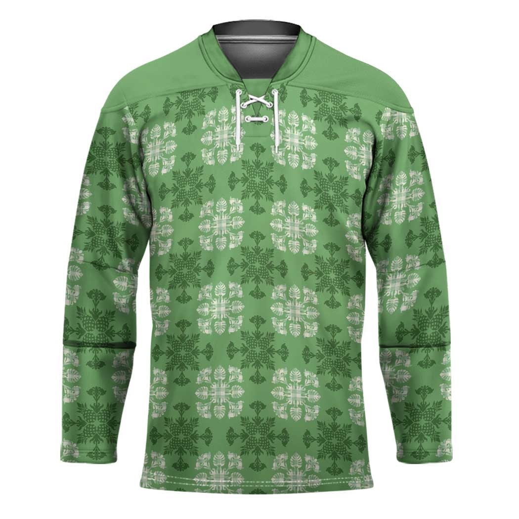 Green Hawaiian Quilt Hockey Jersey Hawaii Pineapple Monstera Palaka Motifs - Polynesian Pride