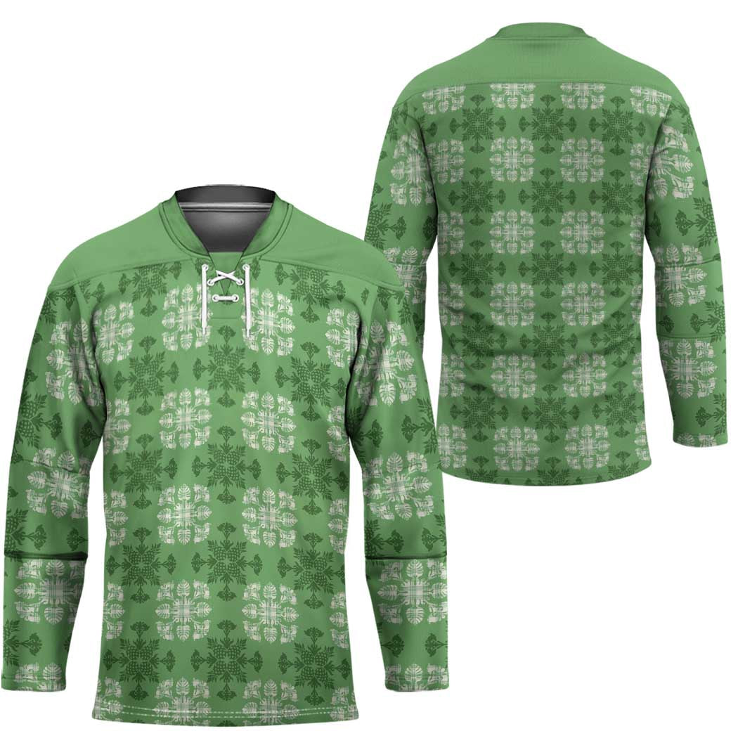 Green Hawaiian Quilt Hockey Jersey Hawaii Pineapple Monstera Palaka Motifs LT14 - Polynesian Pride