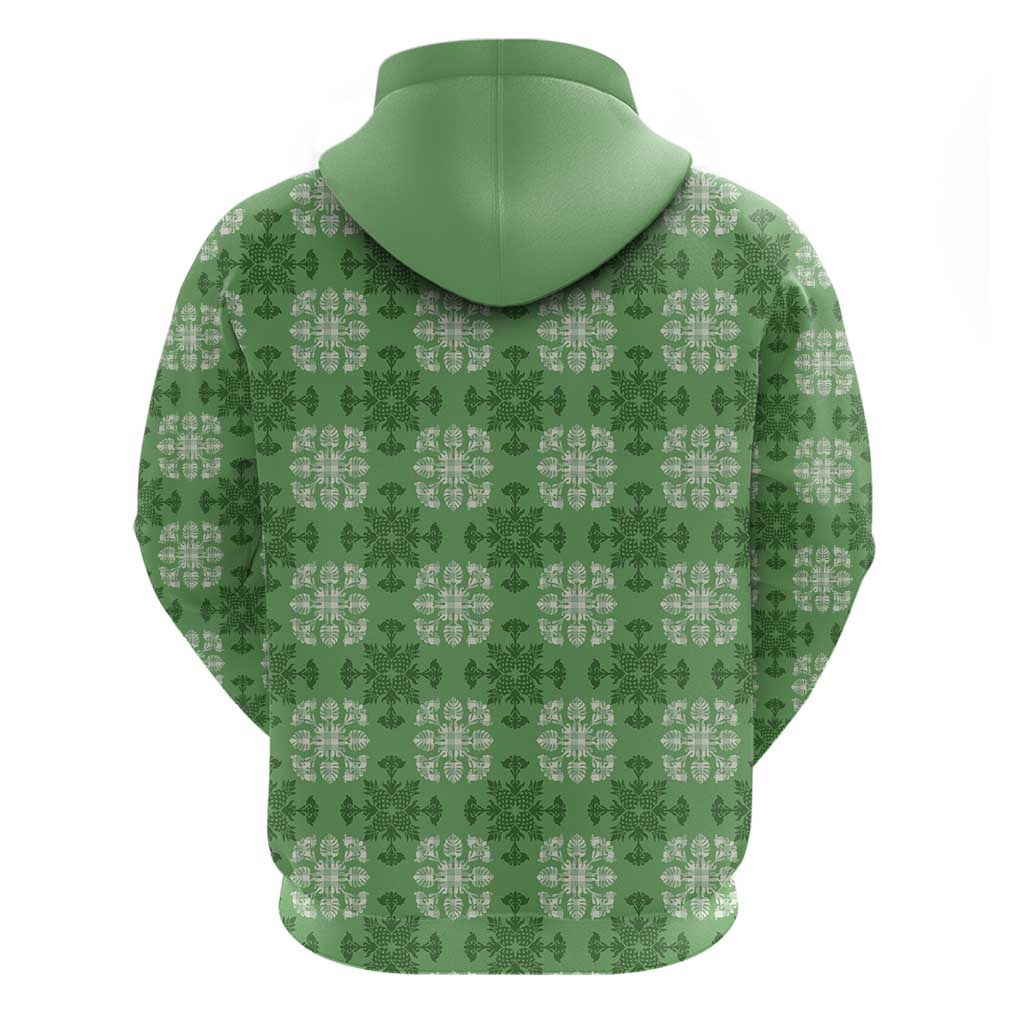 Green Hawaiian Quilt Hoodie Hawaii Pineapple Monstera Palaka Motifs - Polynesian Pride