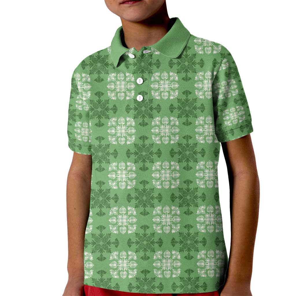Green Hawaiian Quilt Kid Polo Shirt Hawaii Pineapple Monstera Palaka Motifs - Polynesian Pride