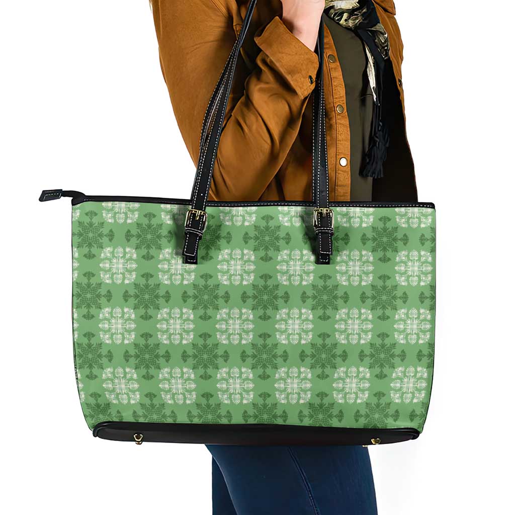 Green Hawaiian Quilt Leather Tote Bag Hawaii Pineapple Monstera Palaka Motifs LT14 - Polynesian Pride