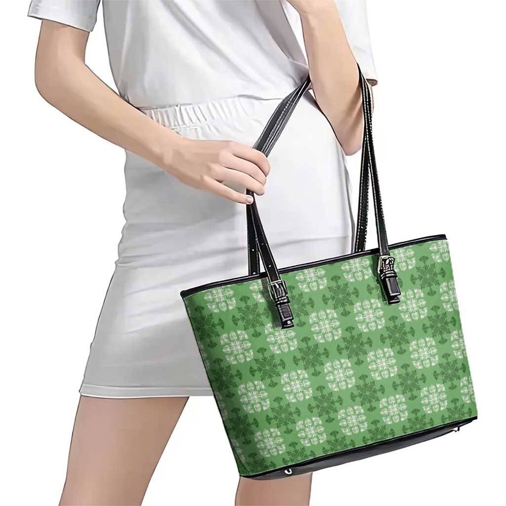 Green Hawaiian Quilt Leather Tote Bag Hawaii Pineapple Monstera Palaka Motifs LT14 - Polynesian Pride