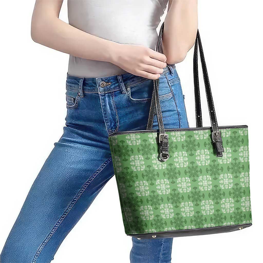 Green Hawaiian Quilt Leather Tote Bag Hawaii Pineapple Monstera Palaka Motifs LT14 - Polynesian Pride
