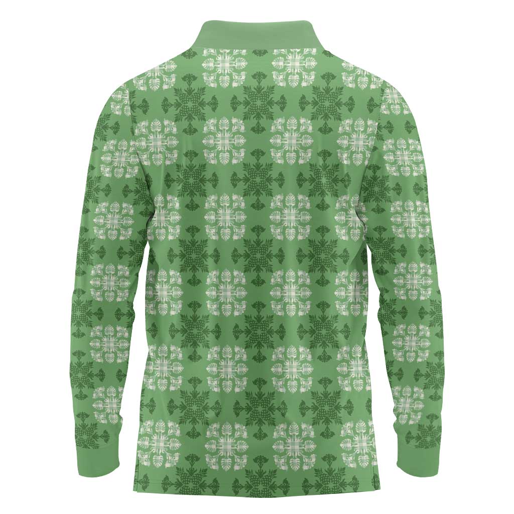Green Hawaiian Quilt Long Sleeve Polo Shirt Hawaii Pineapple Monstera Palaka Motifs - Polynesian Pride