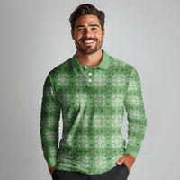 Green Hawaiian Quilt Long Sleeve Polo Shirt Hawaii Pineapple Monstera Palaka Motifs - Polynesian Pride