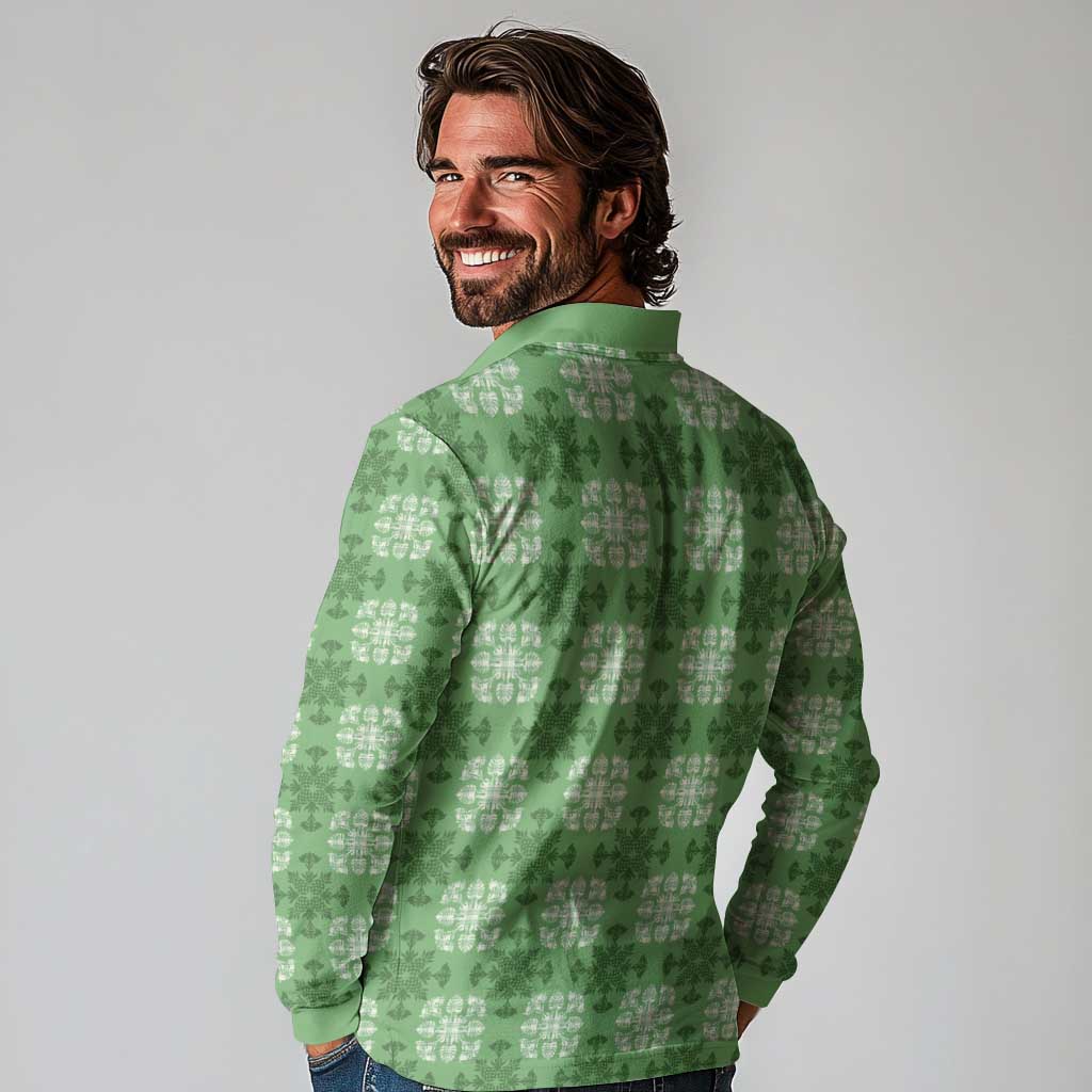 Green Hawaiian Quilt Long Sleeve Polo Shirt Hawaii Pineapple Monstera Palaka Motifs - Polynesian Pride