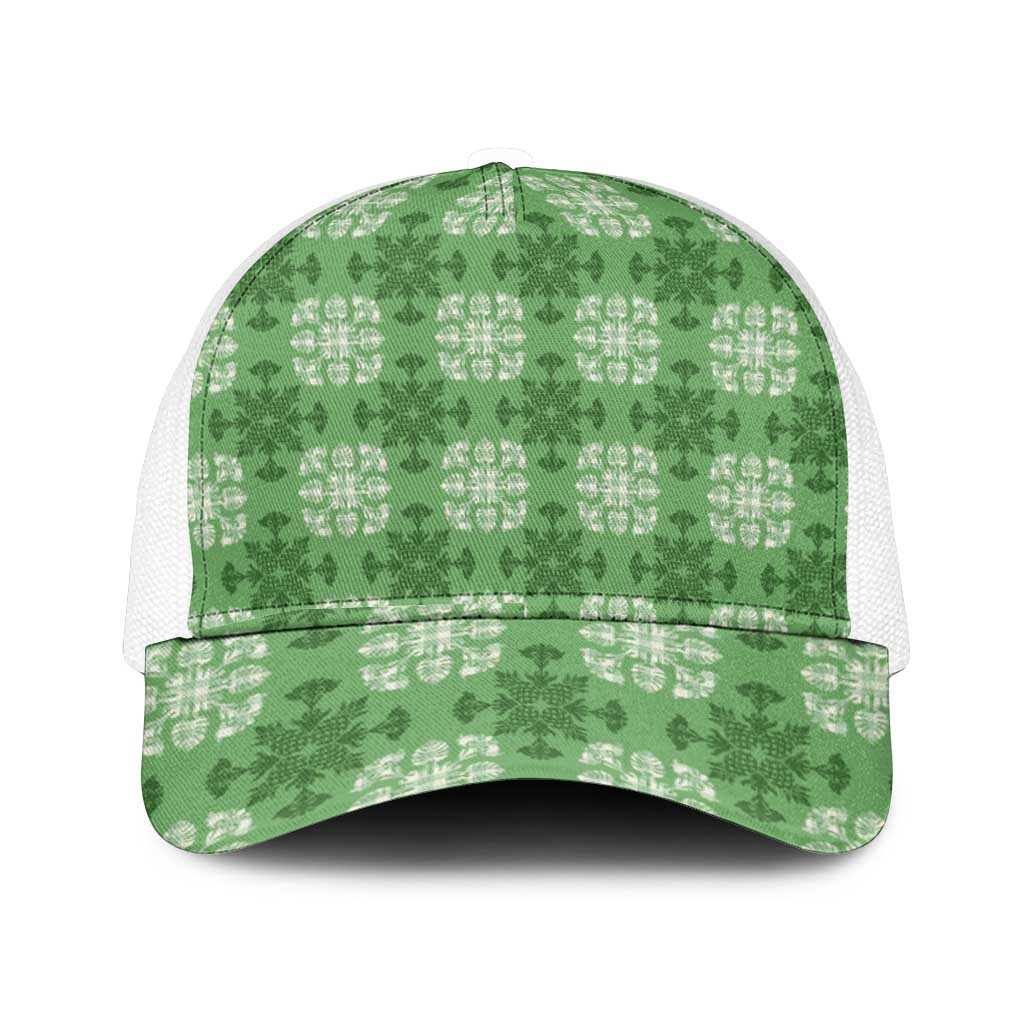 Green Hawaiian Quilt Mesh Trucker Cap Hawaii Pineapple Monstera Palaka Motifs - Polynesian Pride