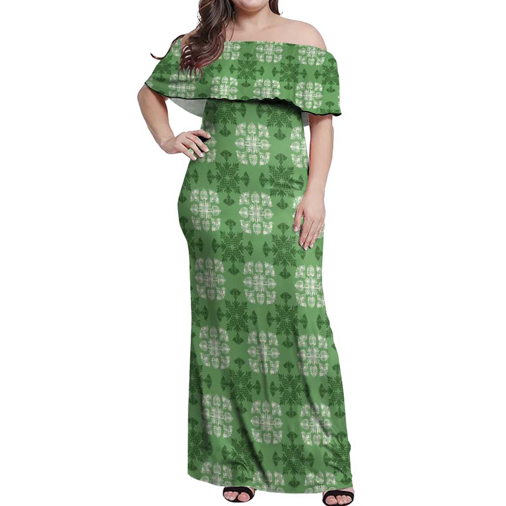 Green Hawaiian Quilt Off Shoulder Maxi Dress Hawaii Pineapple Monstera Palaka Motifs - Polynesian Pride