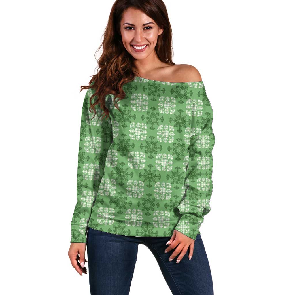 Green Hawaiian Quilt Off Shoulder Sweater Hawaii Pineapple Monstera Palaka Motifs LT14 Women Green - Polynesian Pride