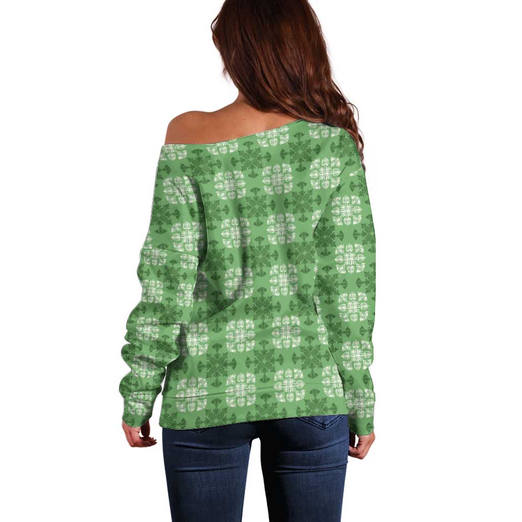 Green Hawaiian Quilt Off Shoulder Sweater Hawaii Pineapple Monstera Palaka Motifs LT14 - Polynesian Pride