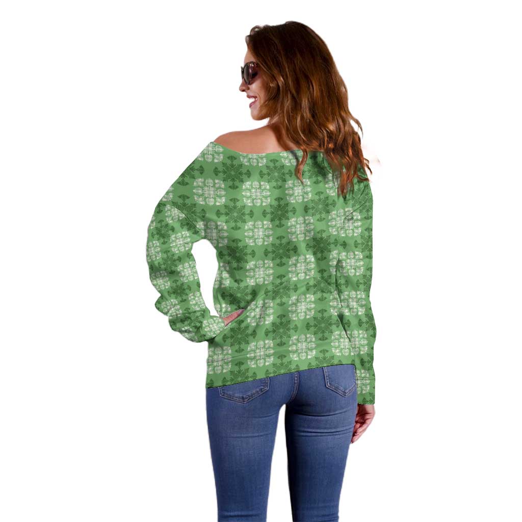 Green Hawaiian Quilt Off Shoulder Sweater Hawaii Pineapple Monstera Palaka Motifs LT14 - Polynesian Pride