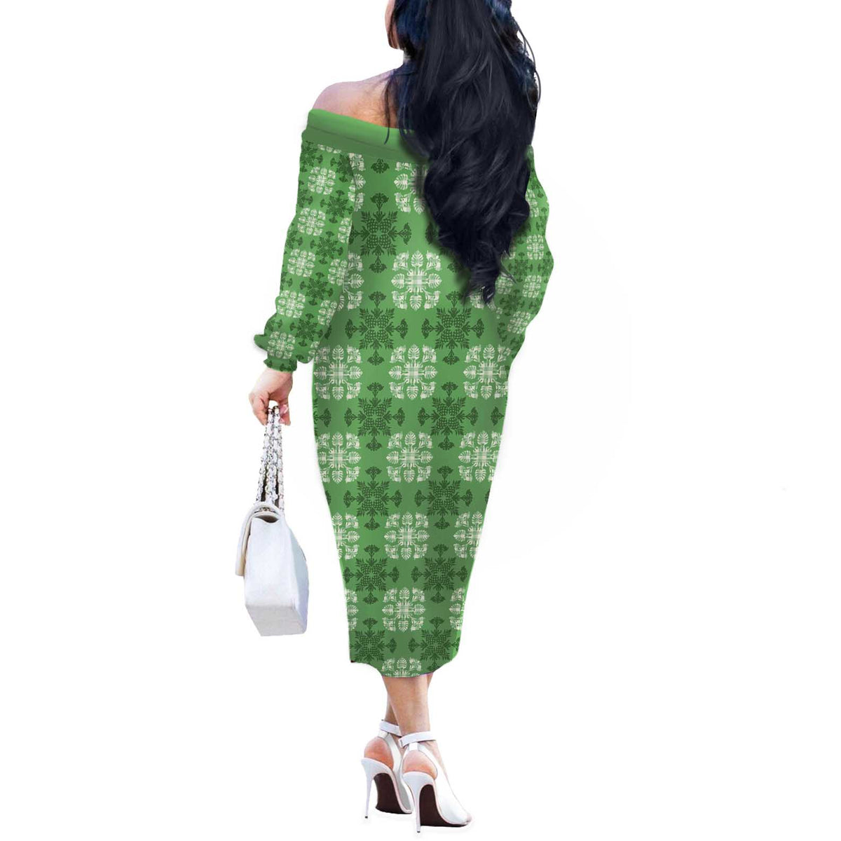 Green Hawaiian Quilt Off The Shoulder Long Sleeve Dress Hawaii Pineapple Monstera Palaka Motifs - Polynesian Pride