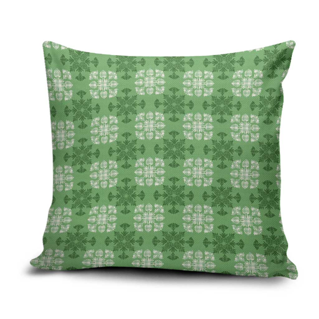 Green Hawaiian Quilt Pillow Cover Hawaii Pineapple Monstera Palaka Motifs - Polynesian Pride