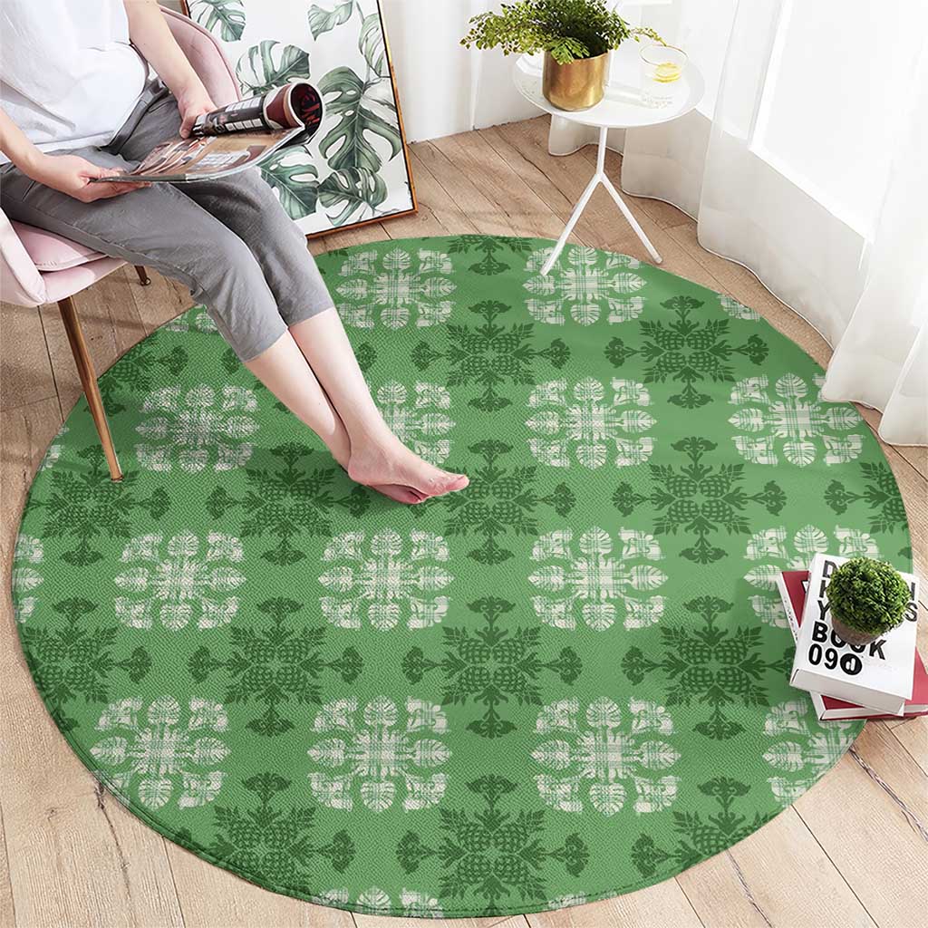 Green Hawaiian Quilt Round Carpet Hawaii Pineapple Monstera Palaka Motifs LT14 - Polynesian Pride