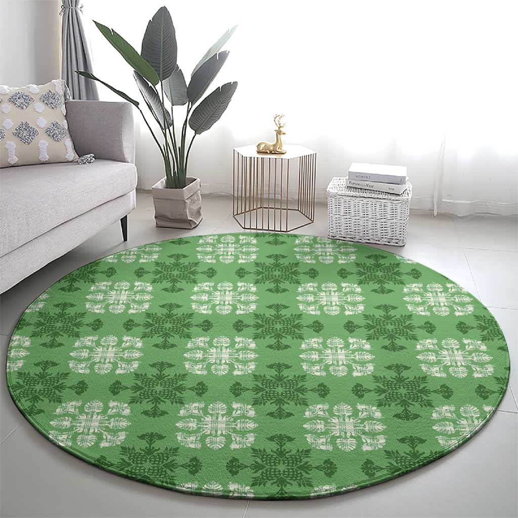 Green Hawaiian Quilt Round Carpet Hawaii Pineapple Monstera Palaka Motifs LT14 - Polynesian Pride