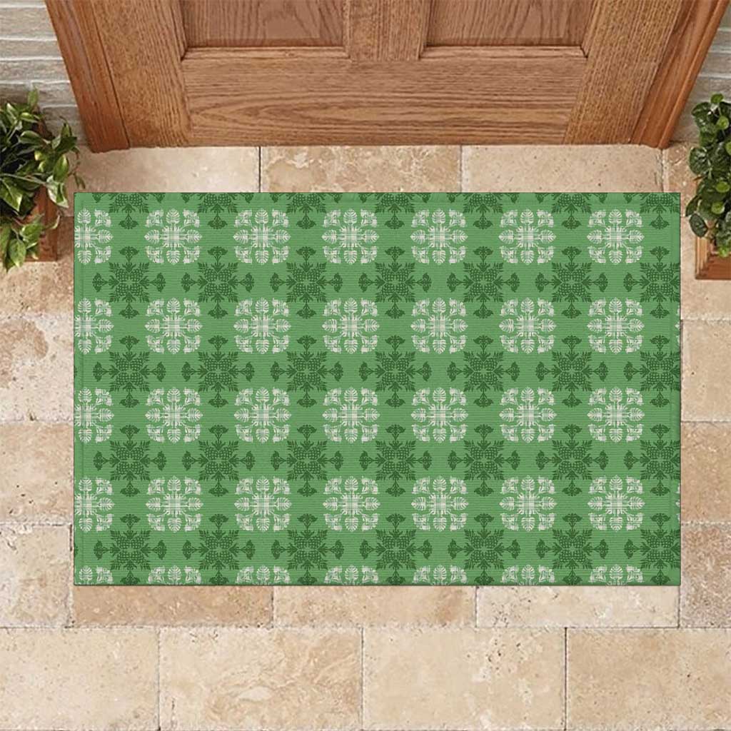 Green Hawaiian Quilt Rubber Doormat Hawaii Pineapple Monstera Palaka Motifs - Polynesian Pride