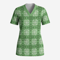 Green Hawaiian Quilt Scrub Top Hawaii Pineapple Monstera Palaka Motifs - Polynesian Pride