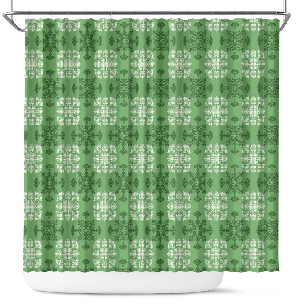 Green Hawaiian Quilt Shower Curtain Hawaii Pineapple Monstera Palaka Motifs LT14 Green - Polynesian Pride