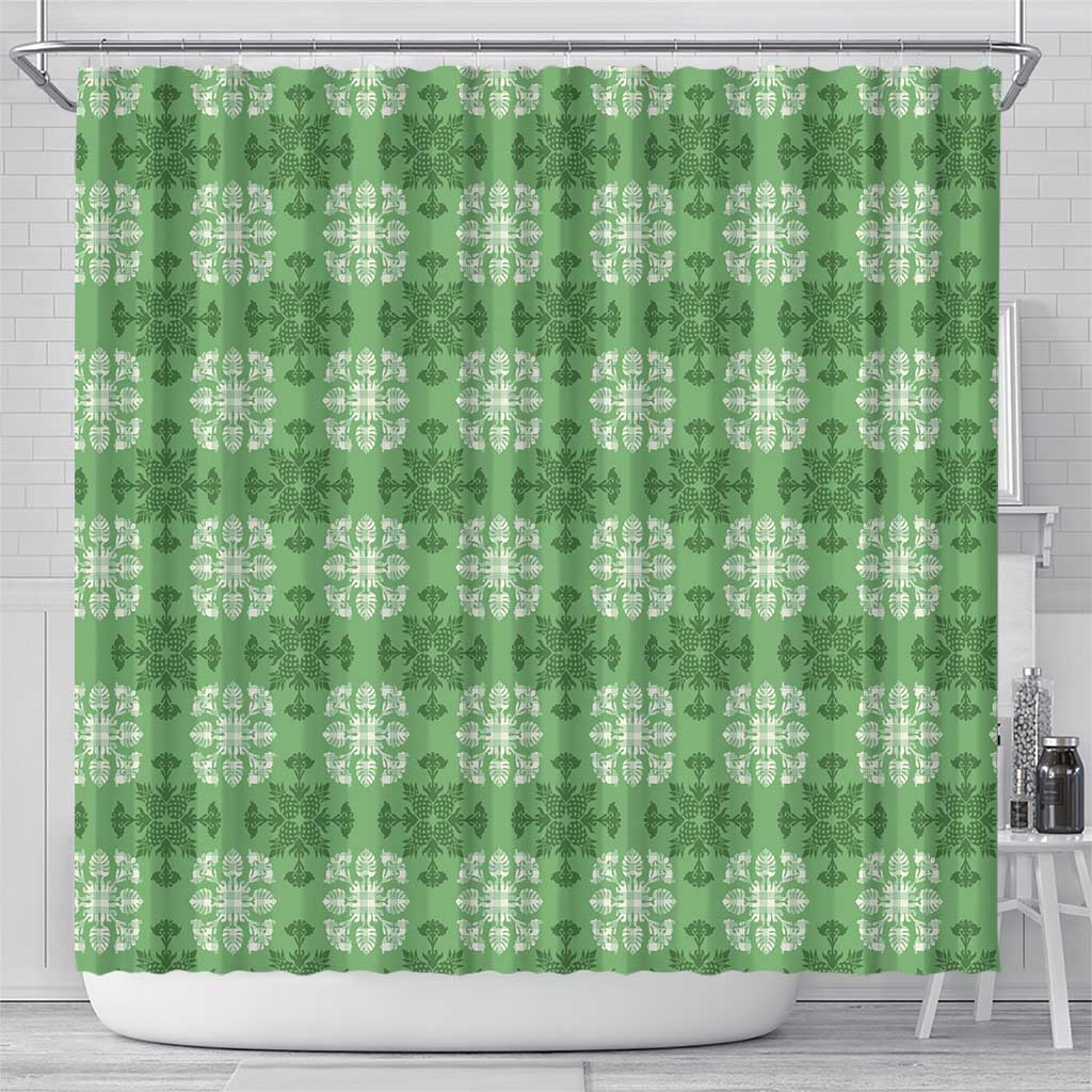 Green Hawaiian Quilt Shower Curtain Hawaii Pineapple Monstera Palaka Motifs LT14 - Polynesian Pride