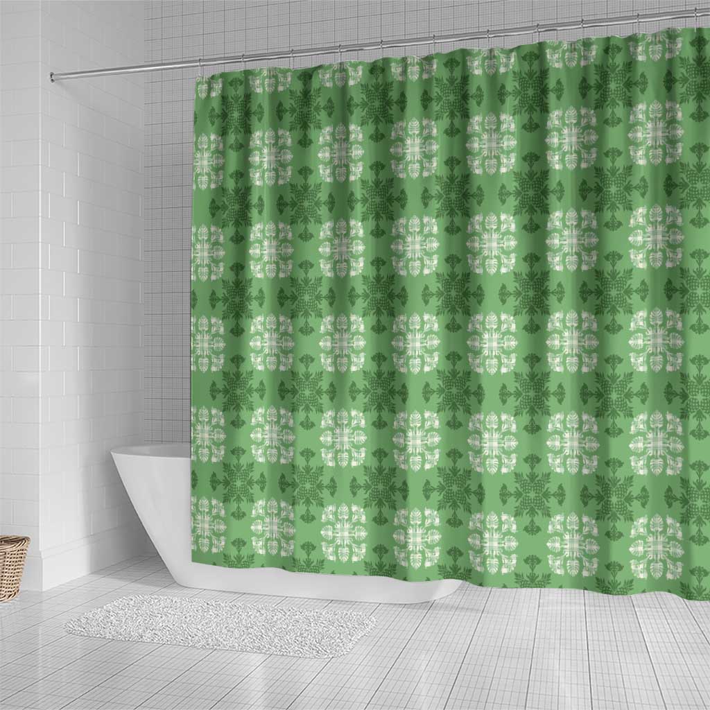 Green Hawaiian Quilt Shower Curtain Hawaii Pineapple Monstera Palaka Motifs LT14 - Polynesian Pride