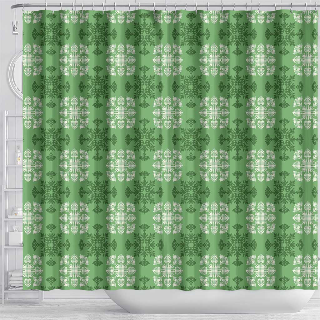 Green Hawaiian Quilt Shower Curtain Hawaii Pineapple Monstera Palaka Motifs LT14 - Polynesian Pride