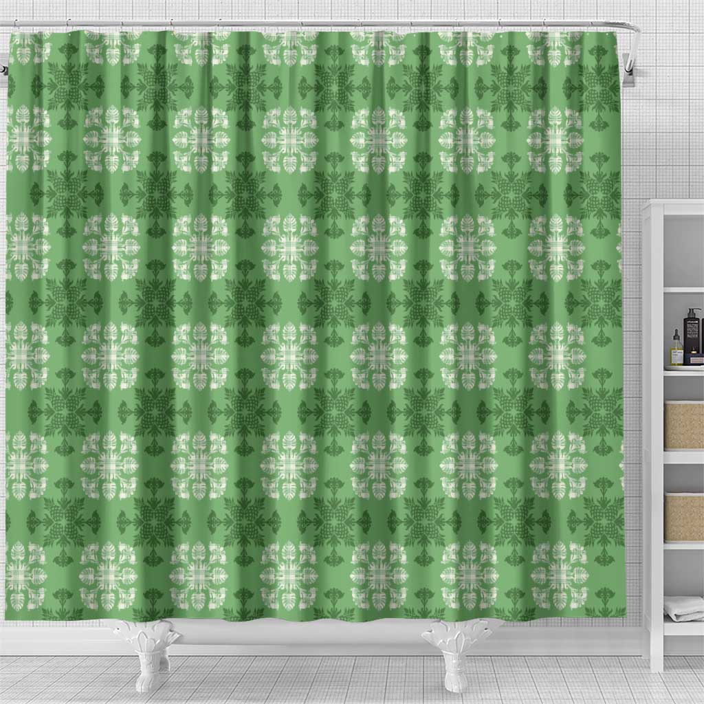 Green Hawaiian Quilt Shower Curtain Hawaii Pineapple Monstera Palaka Motifs LT14 - Polynesian Pride