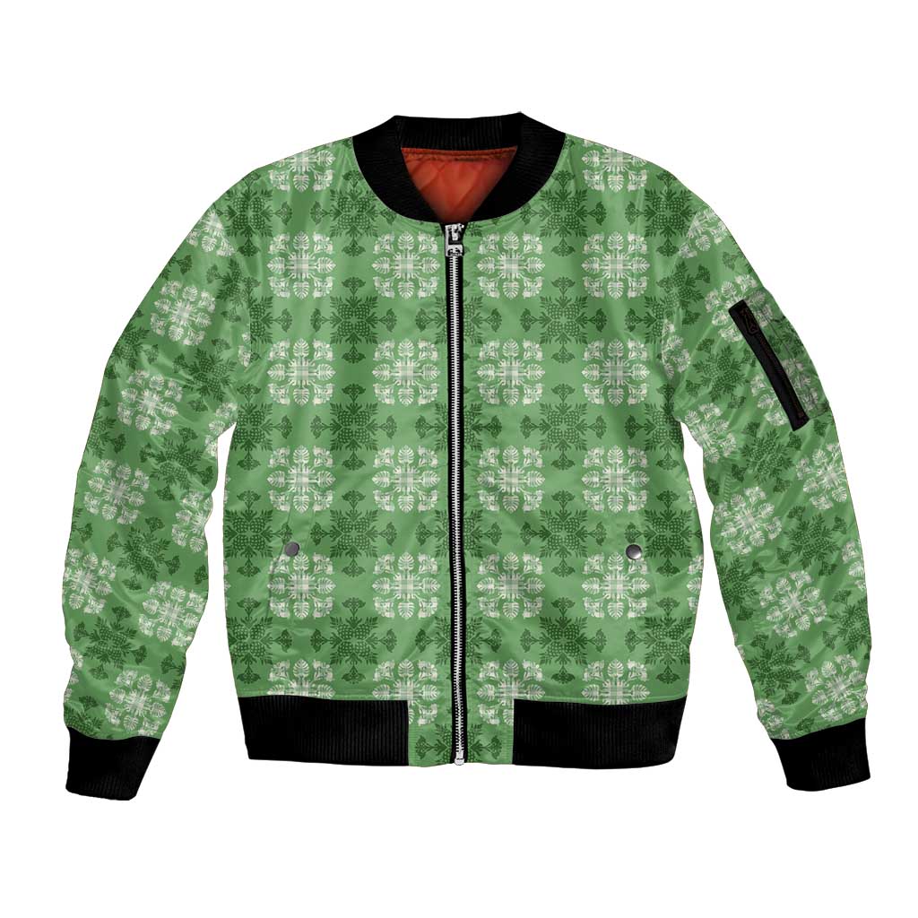 Green Hawaiian Quilt Sleeve Zip Bomber Jacket Hawaii Pineapple Monstera Palaka Motifs LT14 Unisex Green - Polynesian Pride