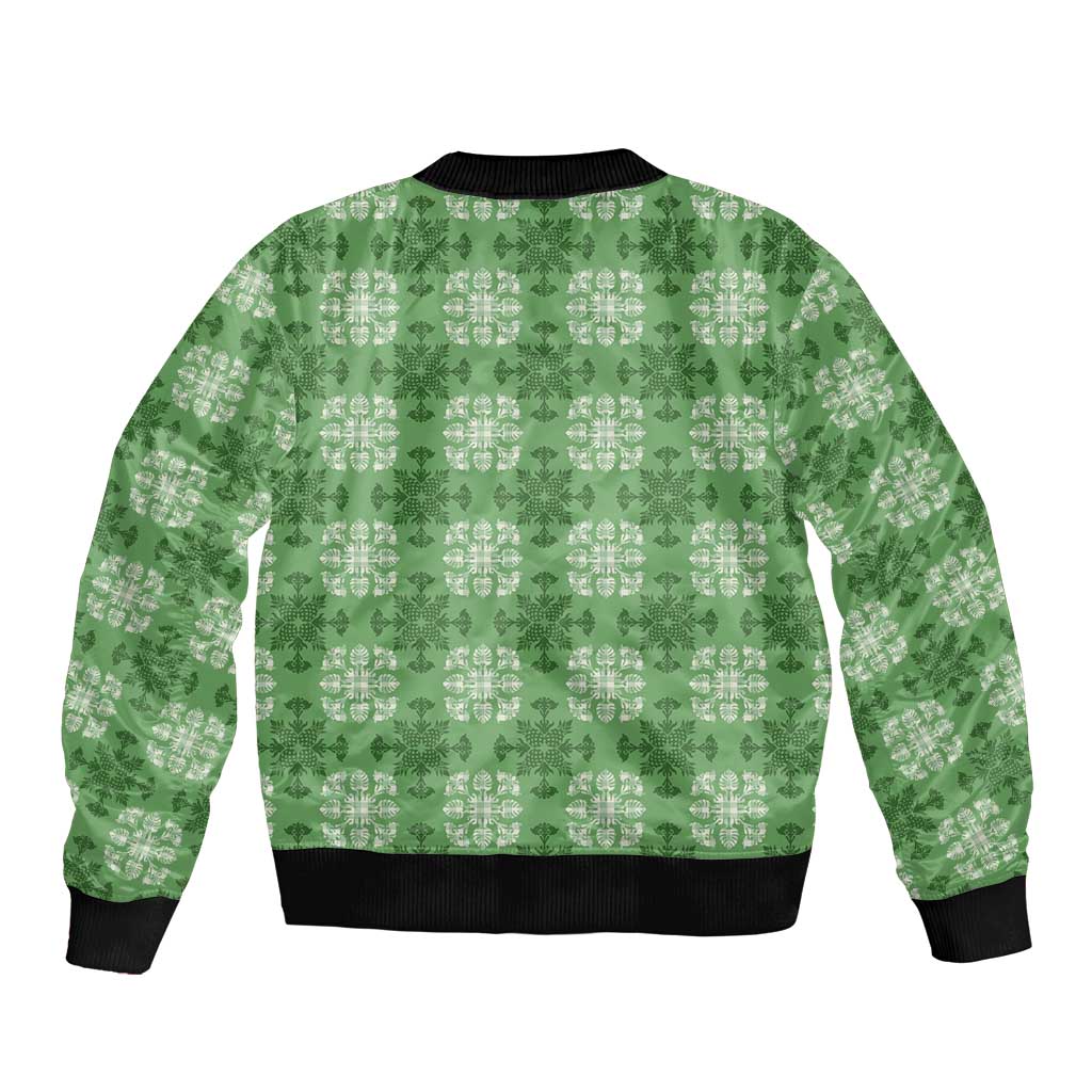 Green Hawaiian Quilt Sleeve Zip Bomber Jacket Hawaii Pineapple Monstera Palaka Motifs LT14 - Polynesian Pride